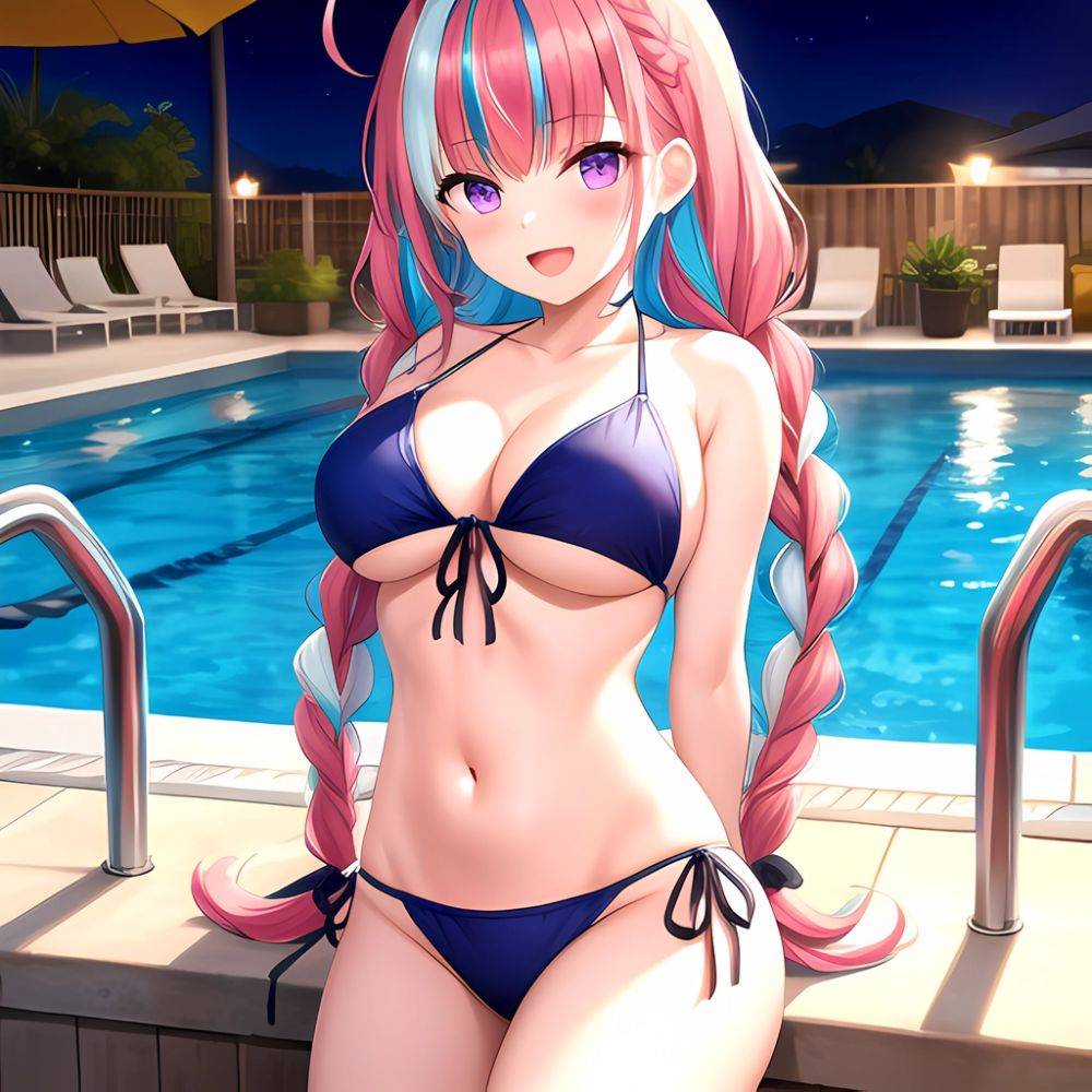 1girl Ahoge Bare Shoulders Bikini Blue Bikini Blue Hair Blush Braid Breasts Cleavage Colored Inner Hair Front Tie Bikini Top, 41923368 - AI Hentai - #main