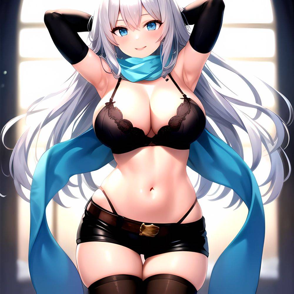 1girl Armpits Arms Behind Head Belt Black Bra Black Gloves Black Pantyhose Blue Eyes Blurry Blurry Background Bra Breasts Curvy, 762124754 - AI Hentai - #main