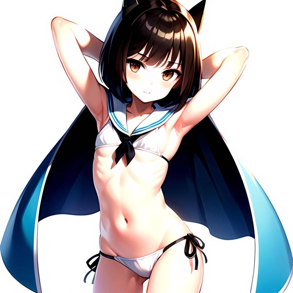 1girl Arms Up Arms Behind Head Bikini Bob Cut Brown Eyes Brown Hair Cosplay Cowboy Shot Flat Chest Headgear Inverted, 3532174243 - AI Hentai - #main