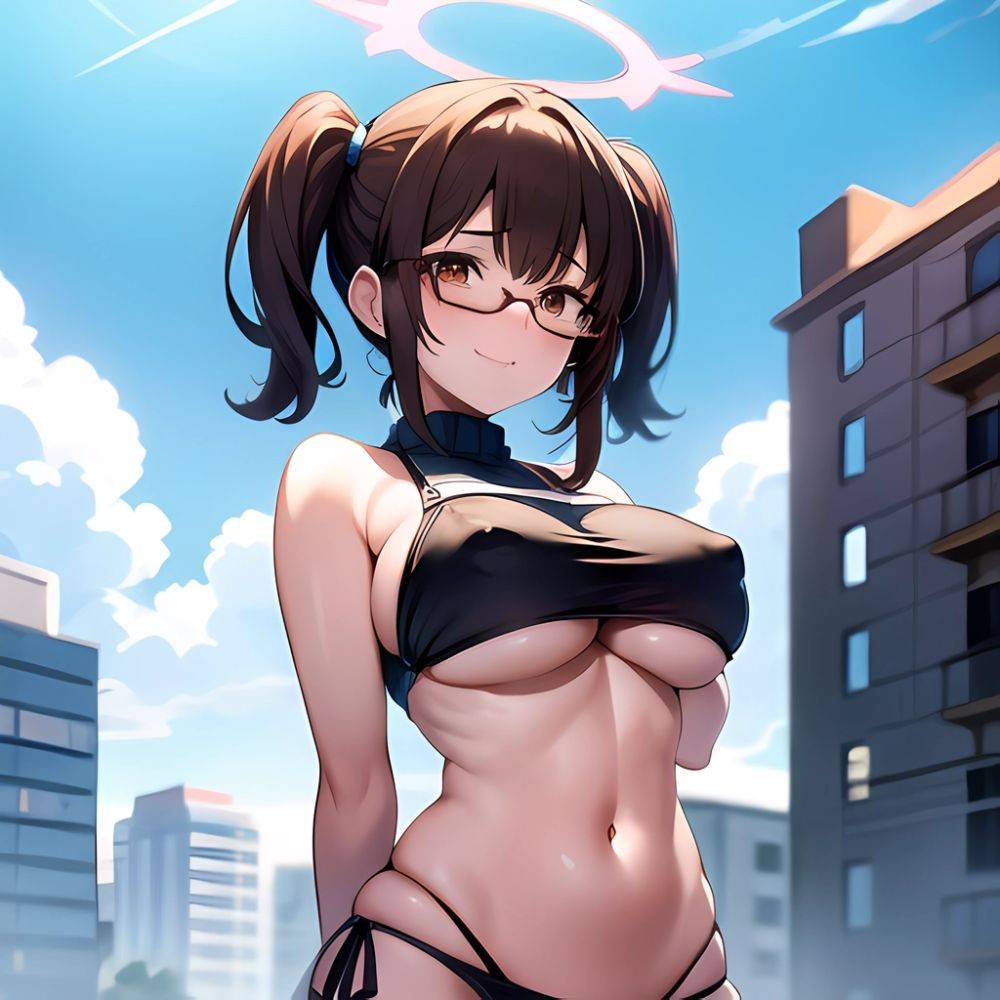 1girl Bikini Black Bikini Blue Archive Blue Sky Breasts Brown Eyes Brown Hair Closed Mouth Clothes Lift Cloud Covered Nipples, 2579980362 - AI Hentai - #main