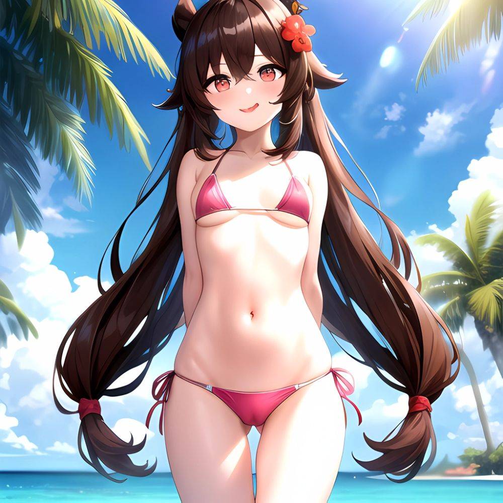 1girl Q Absurdres Arms Behind Back Bikini Blush Breasts Brown Hair Cameltoe Cleft Of Venus Covered Nipples Cowboy Shot Flower, 2109662739 - AI Hentai - #main