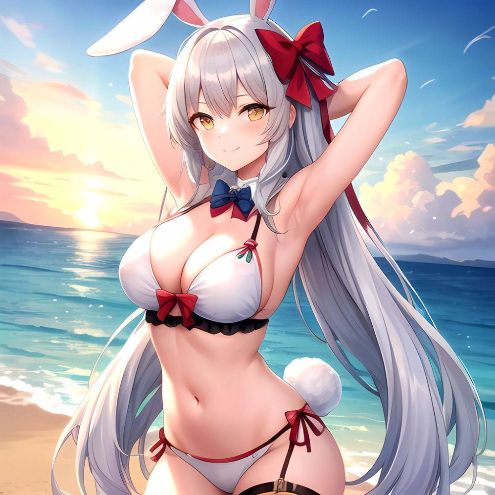 1girl Animal Ears Arms Behind Head Armpits Bare Shoulders Bikini White Bikini Blue Bow Bow Breasts Cleavage Closed Mouth Cowboy, 3562940891 - AI Hentai - #main