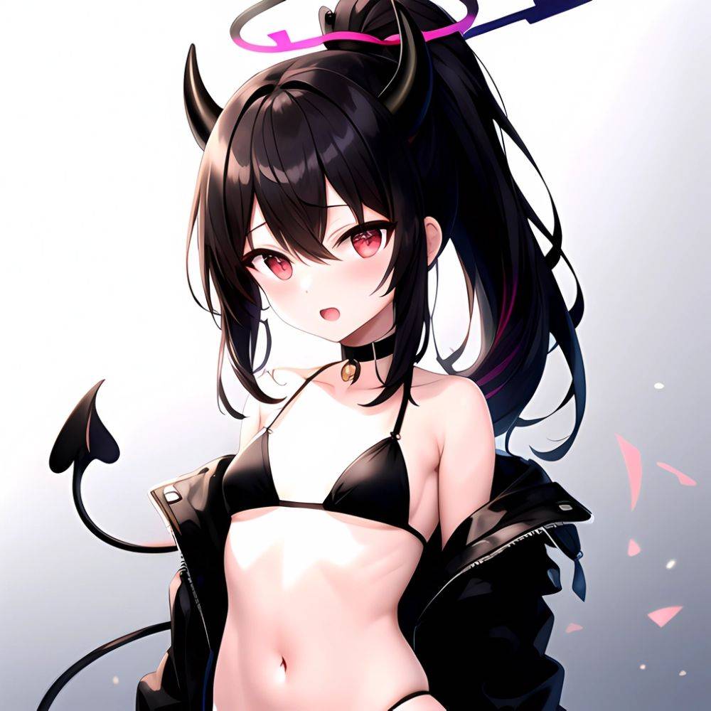 Kayoko Blue Archive 1girl Alternate Costume Bare Shoulders Bikini Black Bikini Black Choker Black Hair Black Horns Black Jacket, 644957697 - AI Hentai - #main