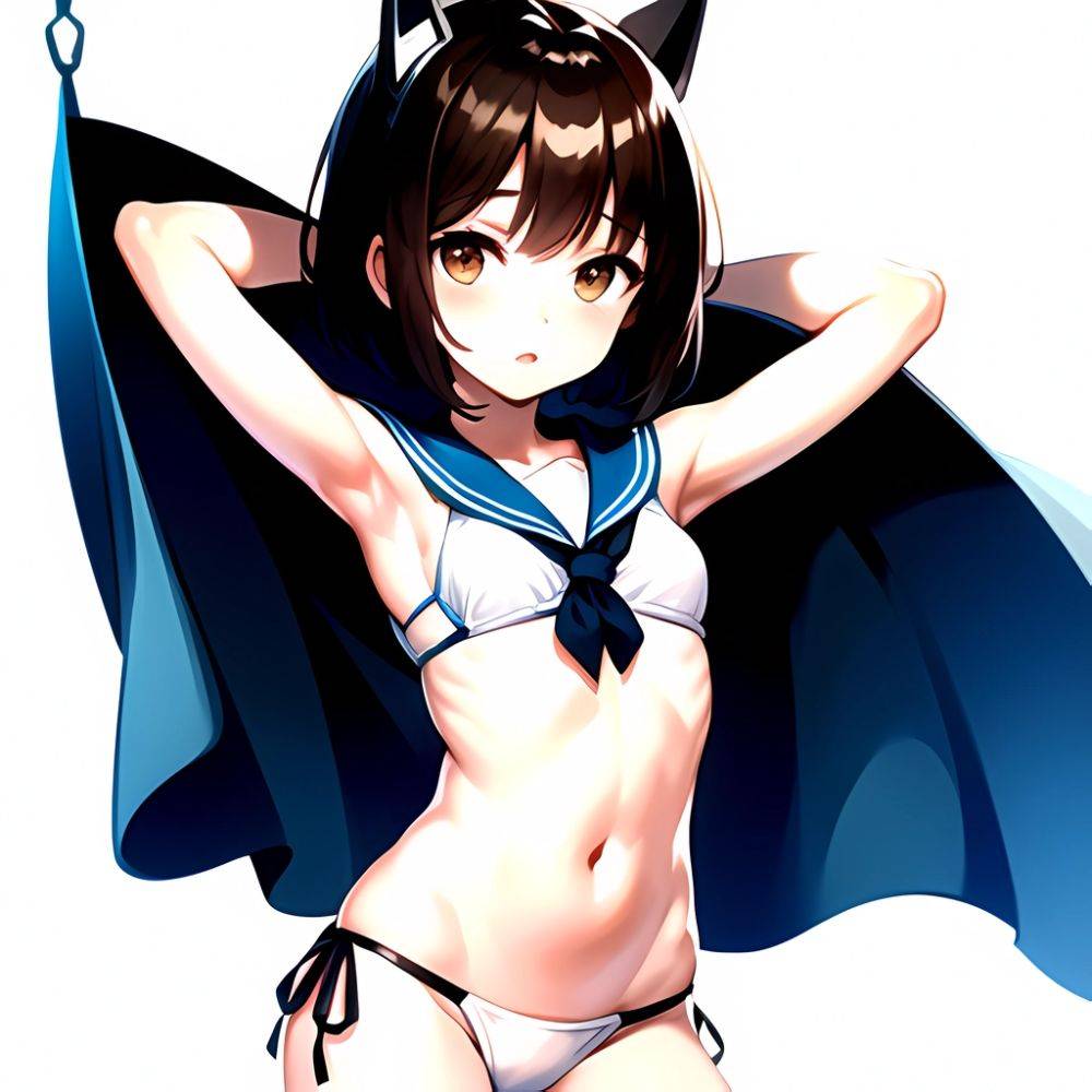 1girl Arms Up Arms Behind Head Bikini Bob Cut Brown Eyes Brown Hair Cosplay Cowboy Shot Flat Chest Headgear Inverted, 2151310734 - AI Hentai - #main