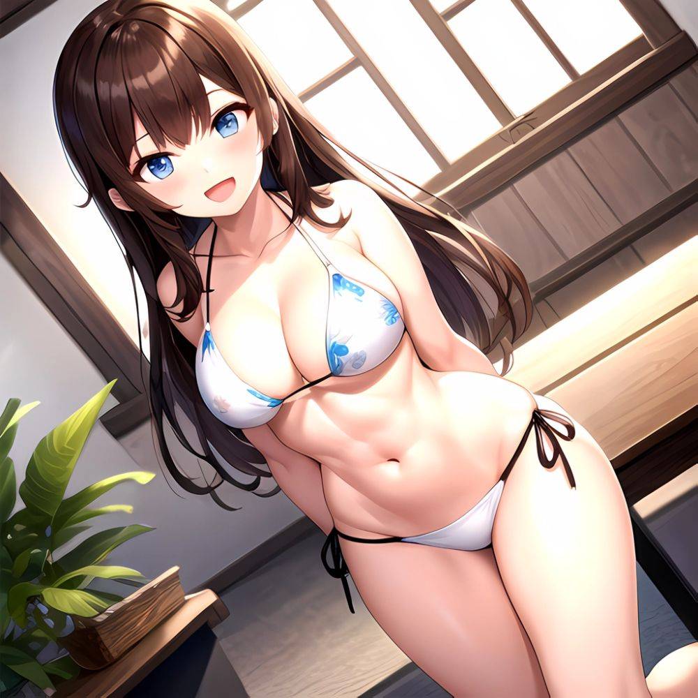 1girl D Abs Alternate Costume Arms Behind Back Asymmetrical Hair Bikini Blue Eyes Blush Breasts Brown Hair Cleavage Collarbone F, 502970639 - AI Hentai - #main