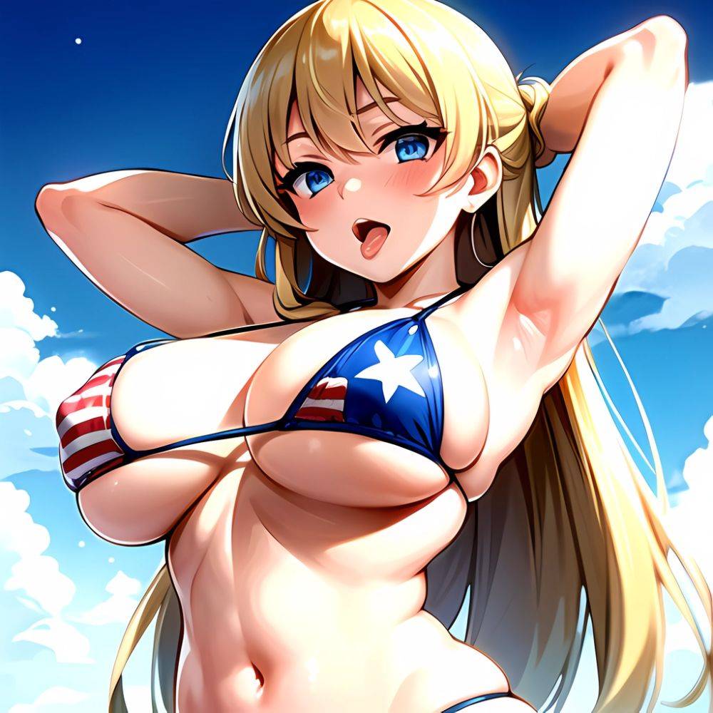 1girl American Flag Bikini Armpits Arms Behind Head Bikini Blonde Hair Blue Eyes Blush Breasts Covered Erect Nipples Flag Print, 3947927263 - AI Hentai - #main