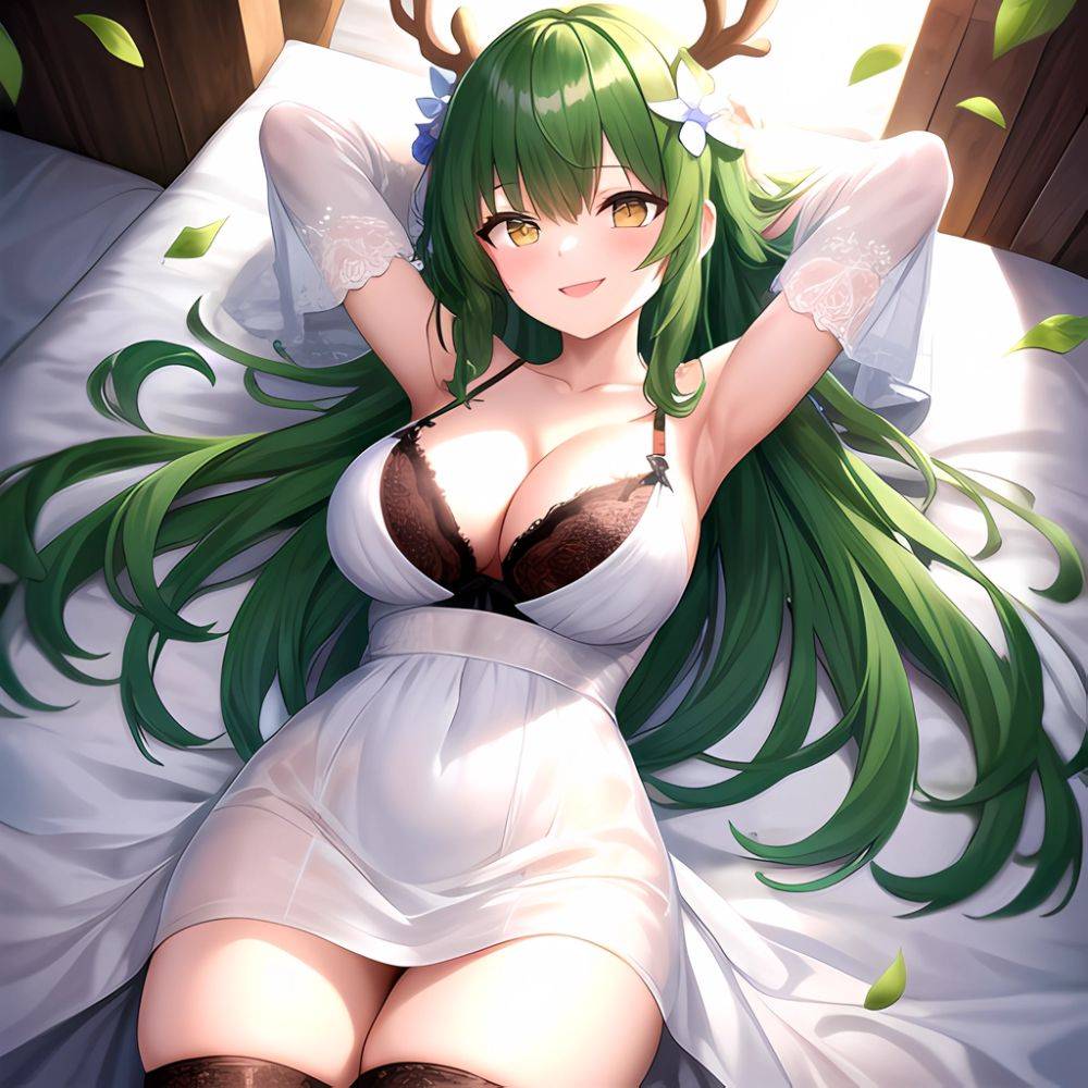 1girl Alternate Costume Antlers Armpits Arms Behind Head Bed Sheet Black Bra Black Thighhighs Bra Branch Breasts Ceres Fauna Cle, 1339368765 - AI Hentai - #main