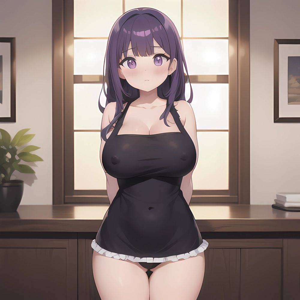 Fern Sousou No Frieren 1girl Apron Black Apron Black Panties Blunt Bangs Breasts Cleavage Collarbone Covered Navel Covered Nippl, 1026769210 - AI Hentai - #main