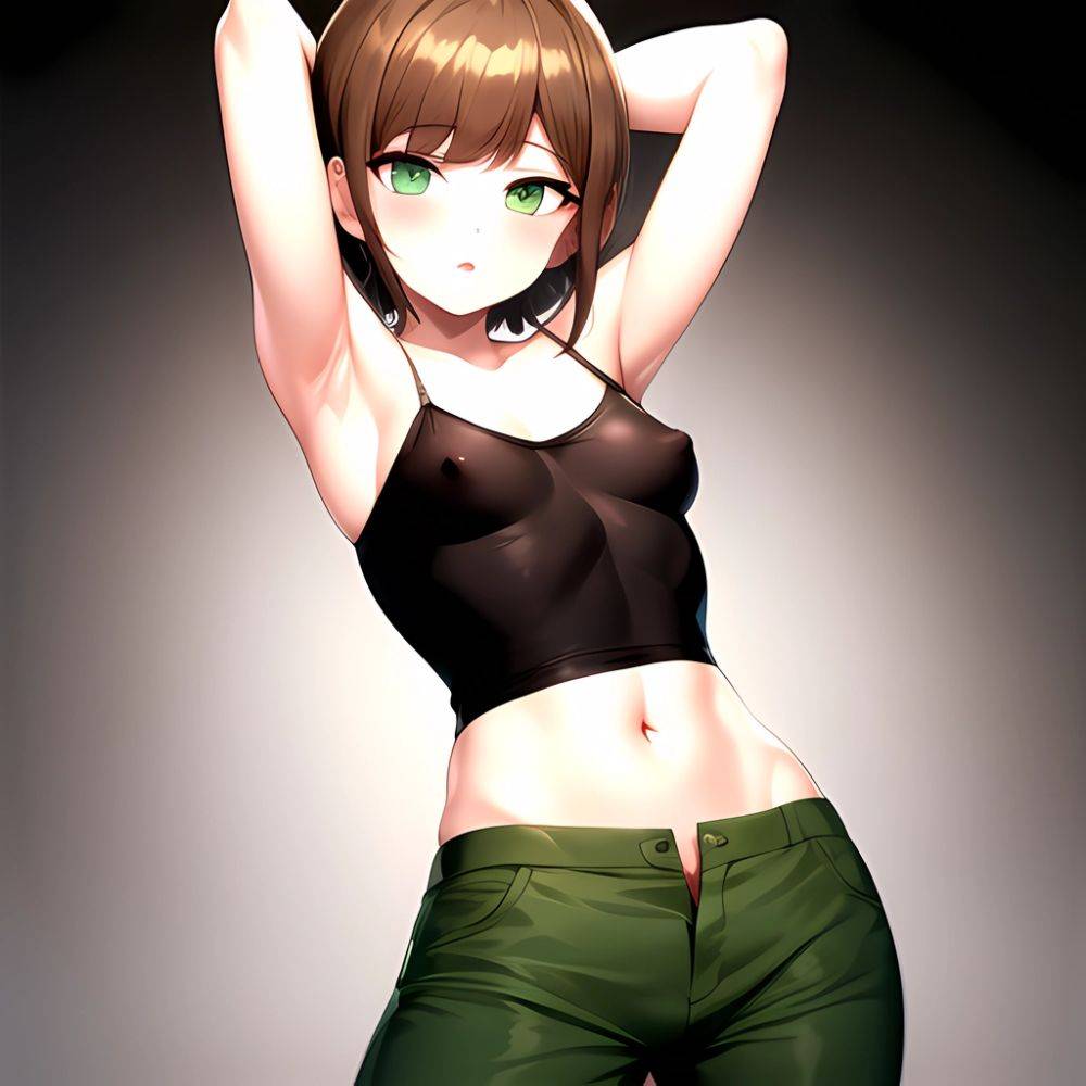 1boy Armpits Arms Behind Head Blush Breasts Brown Hair Bulge Collarbone Contrapposto Covered Nipples Crop Top Danganronpa Trigge, 1506050361 - AI Hentai - #main