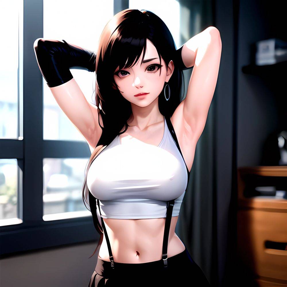 1girl Armpits Arms Behind Head Arms Up Bare Shoulders Black Gloves Black Hair Black Skirt Breasts Closed Mouth Crop Top, 3425329932 - AI Hentai - #main