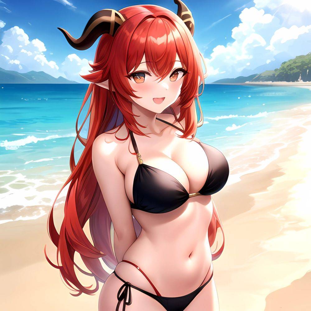 Nilou Genshin Impact 1girl Bare Shoulders Beach Bikini Blush Breasts Cleavage Collarbone Fake Horns Horns Large Breasts Long Hai, 3668529456 - AI Hentai - #main