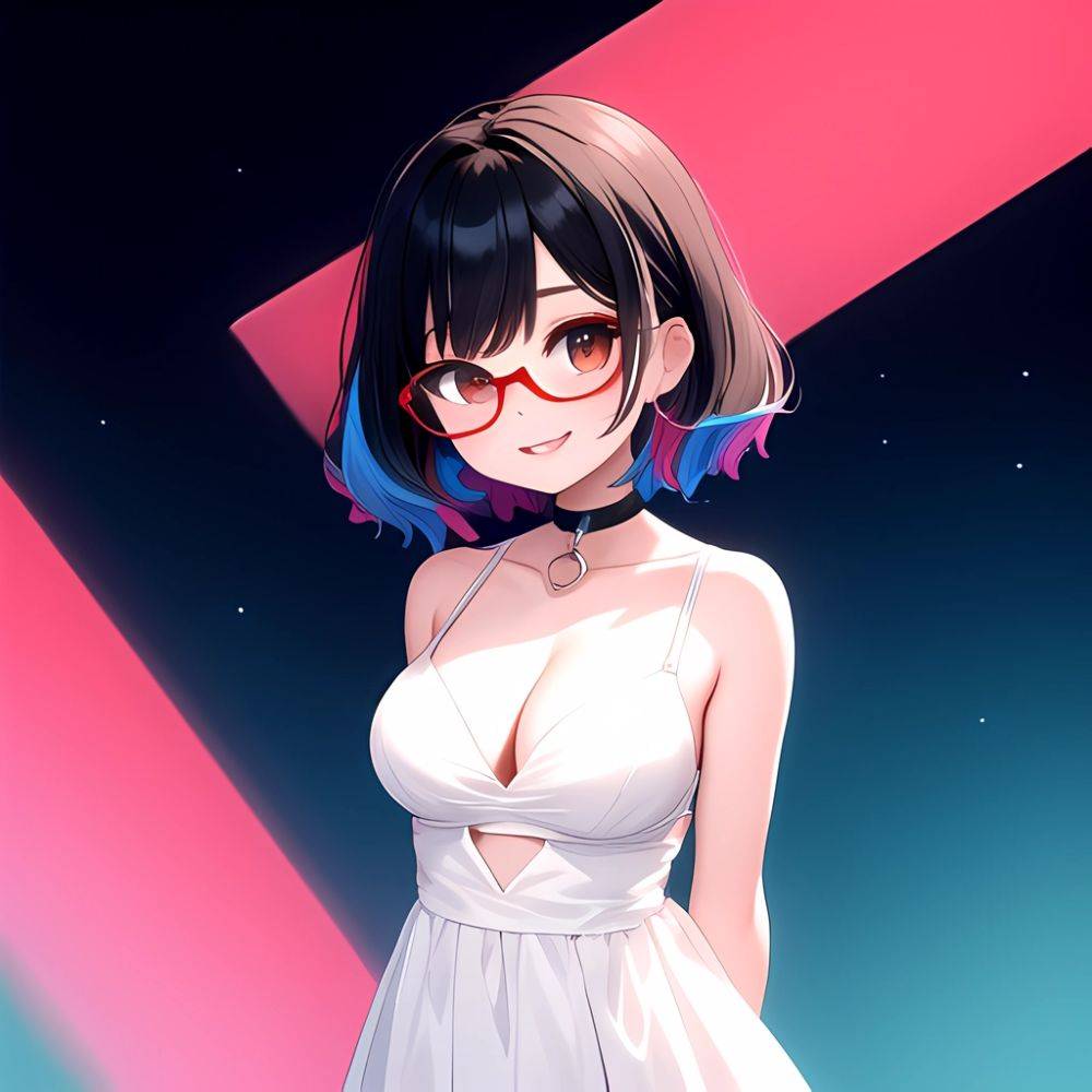 Kson 1girl Black Hair Blue Hair Breasts Brown Eyes Choker Cleavage Collarbone Dress Glasses Gradient Hair Head Tilt Looking At, 3455933370 - AI Hentai - #main