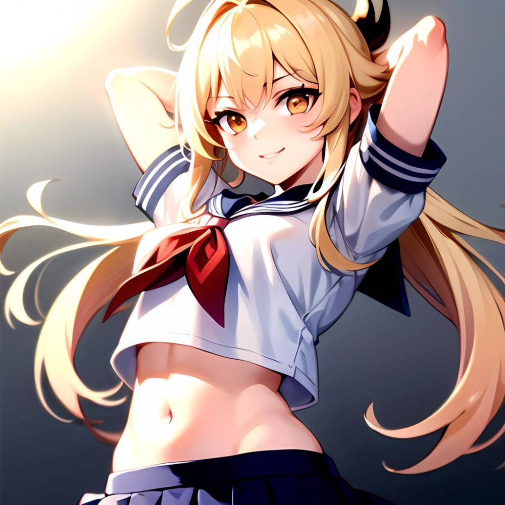 1girl Arms Up Arms Behind Head Blonde Hair Blue Skirt Bow Crop Top Crop Top Overhang Genshin Impact Gradient Background, 1230887452 - AI Hentai - #main