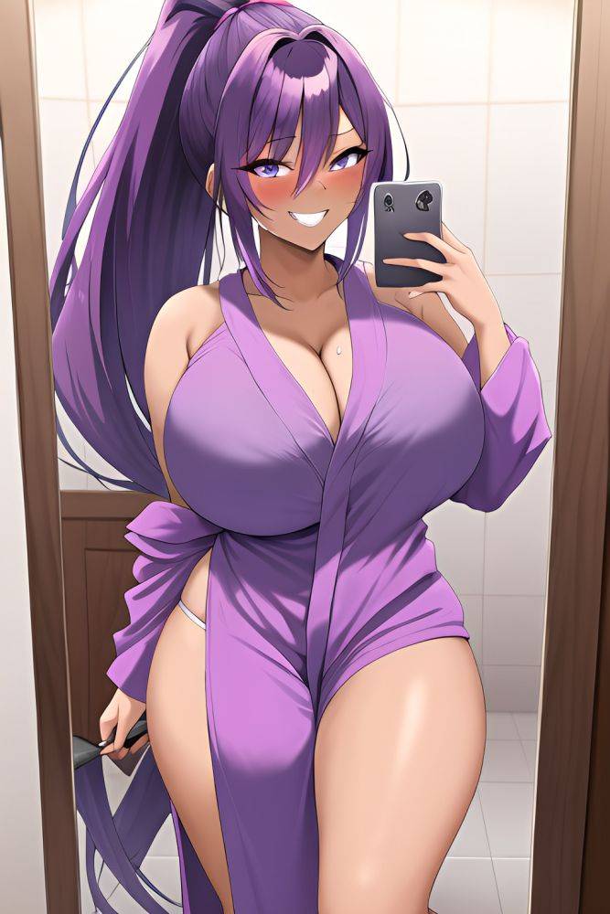 Anime Skinny Huge Boobs 20s Age Laughing Face Purple Hair Ponytail Hair Style Dark Skin Mirror Selfie Shower Close Up View Working Out Bathrobe 3663410823731975592 - AI Hentai - #main