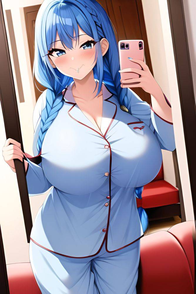 Anime Skinny Huge Boobs 70s Age Happy Face Blue Hair Braided Hair Style Light Skin Mirror Selfie Couch Front View Eating Pajamas 3663573174415043019 - AI Hentai - #main