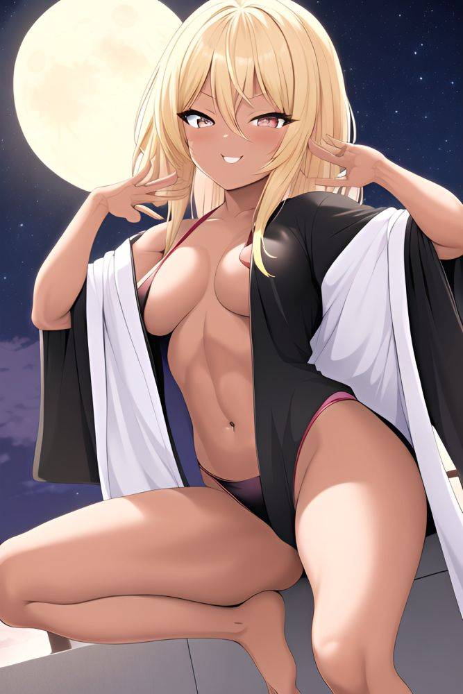 Anime Muscular Small Tits 80s Age Happy Face Blonde Bangs Hair Style Dark Skin Black And White Moon Front View Yoga Bathrobe 3663940395861694383 - AI Hentai - #main