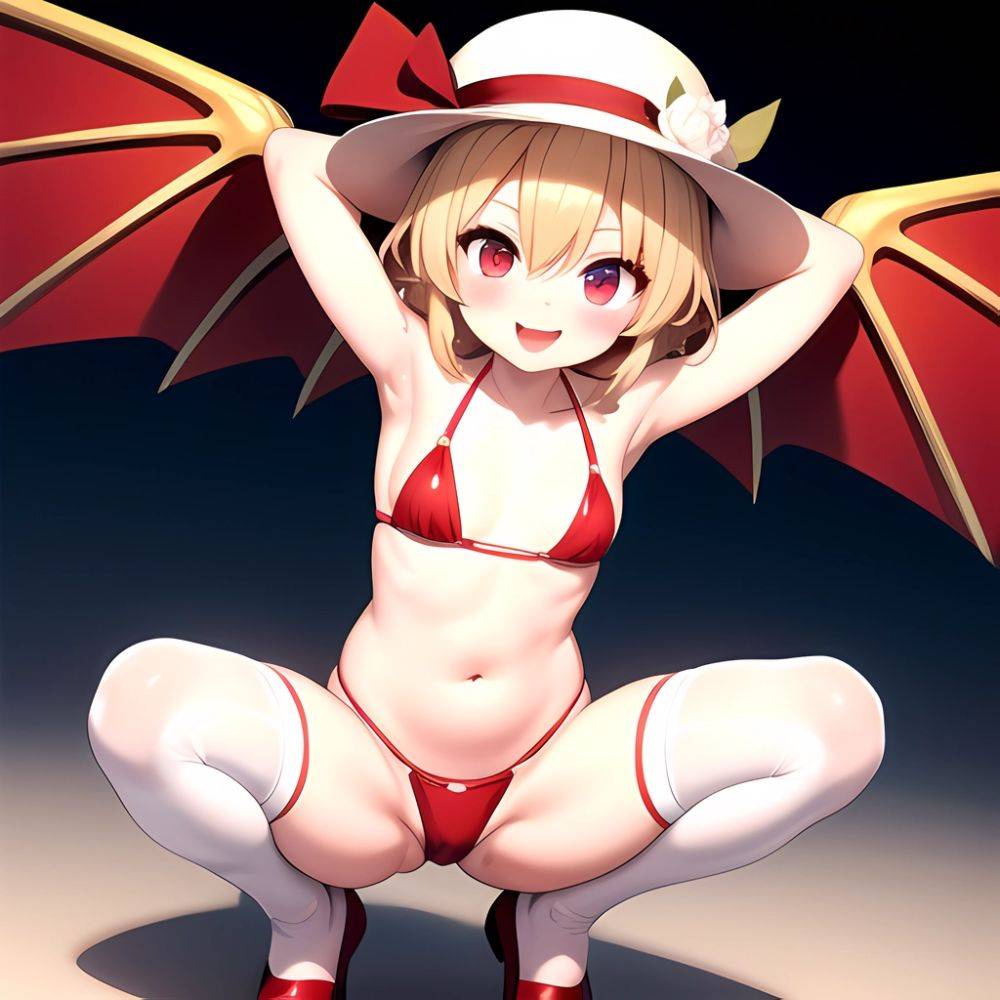 Armpits Bikini Breasts Red Eyes Red Thighhighs Small Breasts Thick Thighs White Bikini Flandre Scarlet 1girl P Blonde Hair Blush, 1443139205 - AIHentai - #main