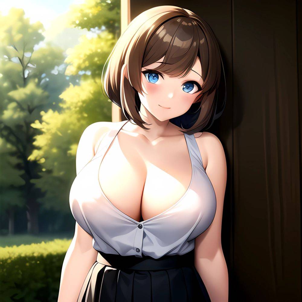 Blue Eyes Breasts Brown Hair Cleavage Large Breasts Short Hair Skirt Maya Kancolle 1girl Alternate Costume Arms Behind Back Blac, 2135269696 - AIHentai - #main