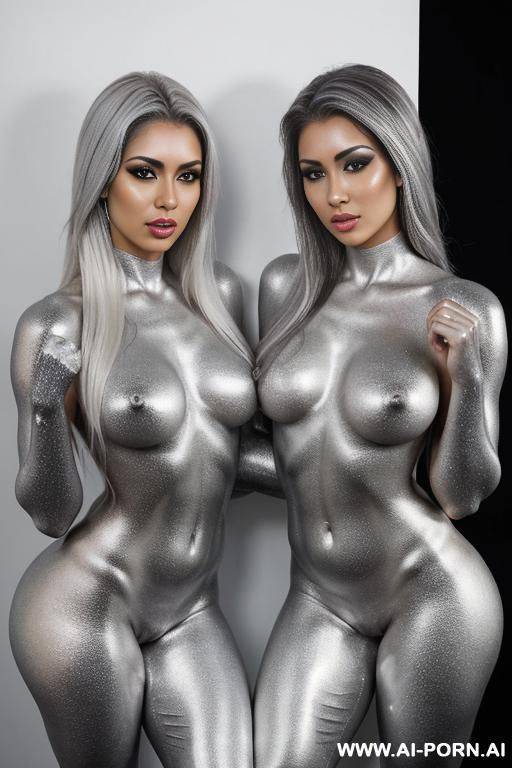 photo of multiple gorgeous brazilian bimbos completely covered in silver bodypaint - #main