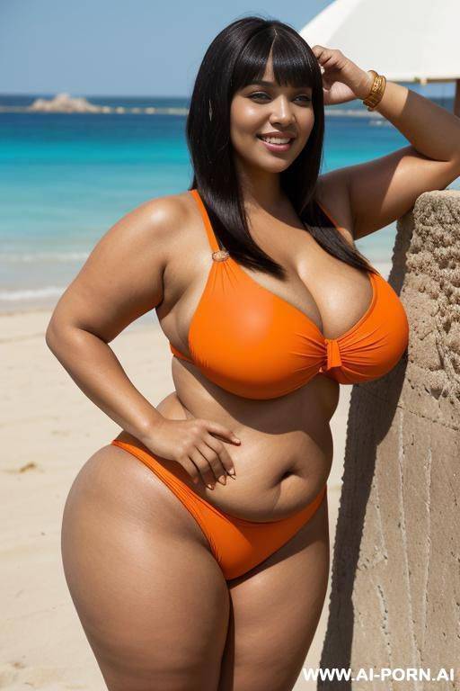 egyptian queen wearing orange and black colored swimsuit, (long hair with bangs), (((massive huge breasts))), full body view, photorealistic, ((chubby woman)), ((wide hips)), ((huge butt)), beach, smiling, ((squishing breasts)) - #main