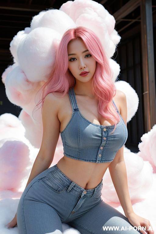 giant pink cotton balls, giant pink cotton balls, giant pink cotton balls, giant pink cotton balls, giant pink cotton balls. half-japanese and half-korean and 165cm tall, lying and surrounded by - #main