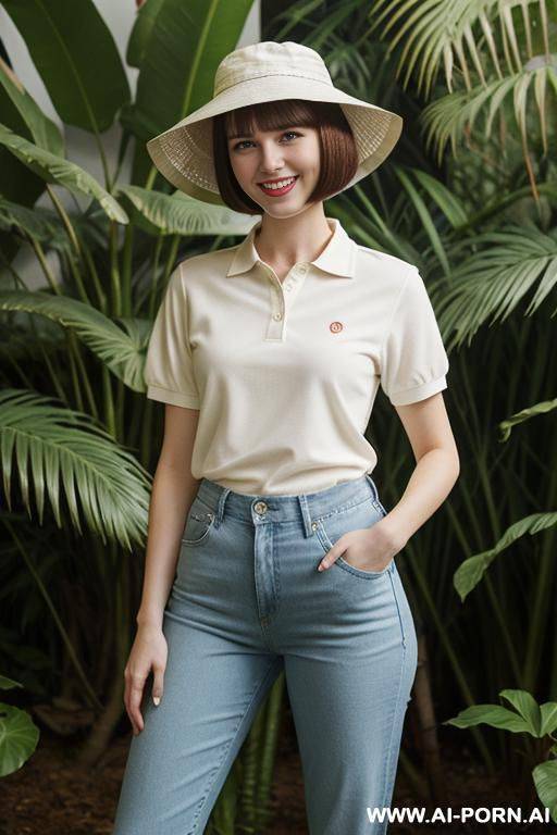 gorgeous woman wearing a red polo shirt, she is wearing white jeans, standing in a jungle, (thick pubic hair:1.2), she is wearing a (white bucket hat) - #main