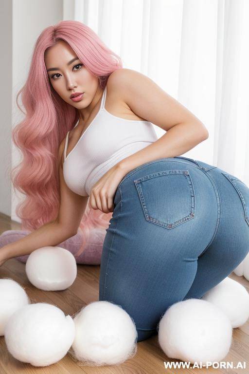 giant cotton balls, giant cotton balls, giant cotton balls, giant cotton balls. half-japanese and half-korean and 165cm tall, lying and surrounded by giant, pink and white cotton balls. she is - #main