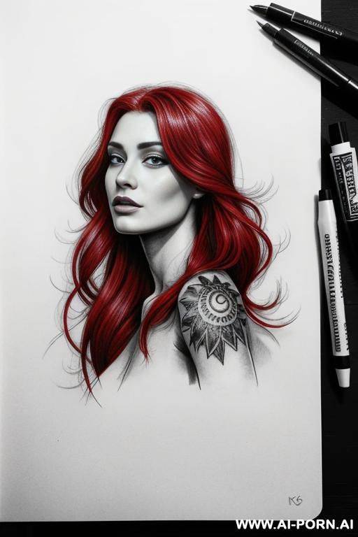 scandinavian mythology, rior woman, red hair, tattoo sketch, sketch for realistic arm tattoo, black and white style - #main