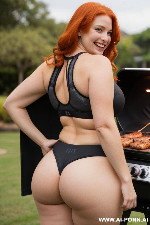 chubby redhead ginger woman, seen from behind, massive big bubble butt, big tits, full body visible, detailed face, detailed body, (blacked sports bra), (blacked volleyball shorts), looking at viewer - #main