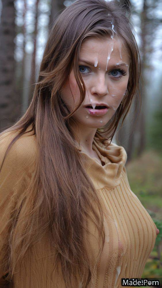 Brunette white cum on tits high ponytail athlete forest busty AI porn - #main
