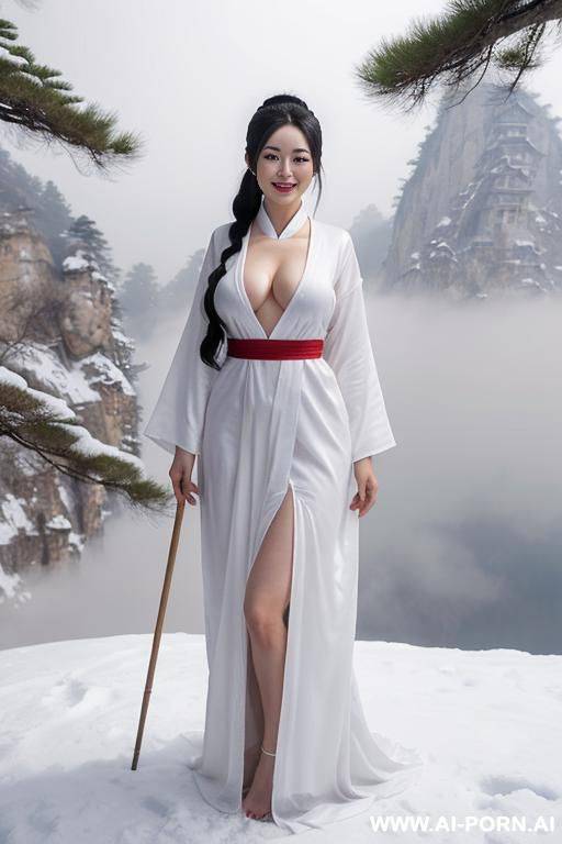 woman extremely white skin, beautiful make up, god princess woman, white uniform ancient chinese fairy tales, silk, female tao monks in chinese mythology, winter seaman, on top of a mountain, there is a sea of ​​fog. - #main