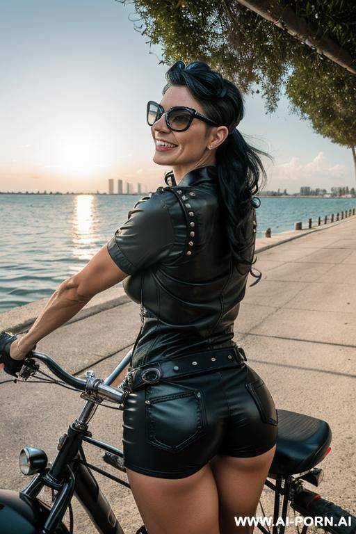 mom biker beauty face hot italian view fish eye lens ground level shot squating from behind looking loving headscarft stacking hand on handlebar wet hair punk pixie muscle fit sunglasses boobs - #main