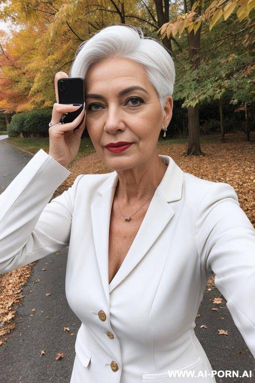 autumn weather outside middle-aged lady making selfies white hair - #main
