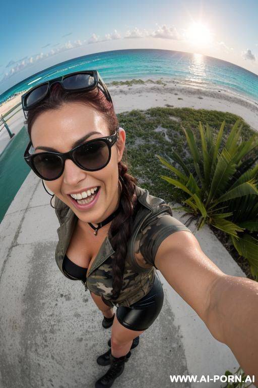 mom biker beauty face hot turkish view fish eye lens ground level shot squating looking loving headscarft stacking hand on handlebar wet hair punk pixie muscle fit sunglasses boobs massive tight - #main