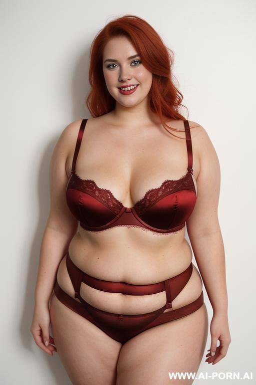 full body photo shot, about at elegant art gallery, fat bbw curvy with love handless and tummy, she is 20 years old, wearing a sexy and hot red gartert belt lingeries. - #main