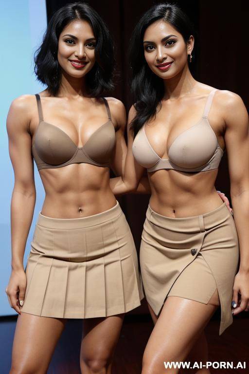 indians, short straight hair, abs, fit, muscular arms, arms up, big ass, navel piercing, beige bra, beige pleat skirt, tall, looking at camera, full body, stiletto, 2 women next to each other - #main