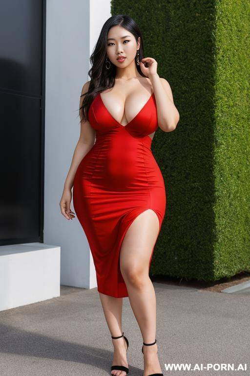 asian woman, ((detailed face)), wearing a dress, bust, (massive hips), posing outside - #main