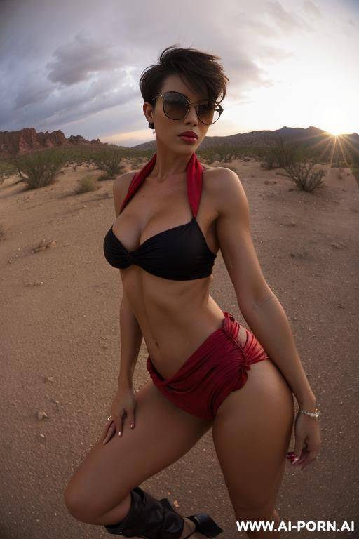 rainy weather at in the mohabe desert sunset above shot wiev fish eye lens shot mom hottie beauty face italian muscle fit pixie cut hair sunglasses vintage head scarf tight short skin tight - #main