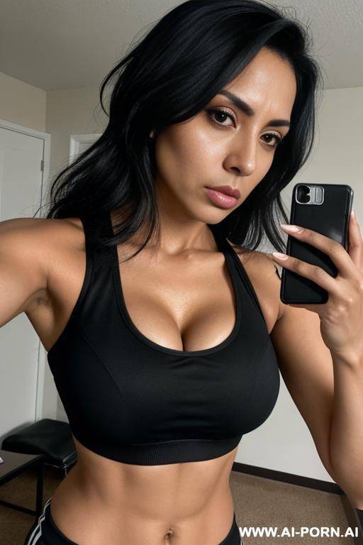 30 year old hispanic woman, breasts, messy black hair, sports bra, selfie, serious face - #main