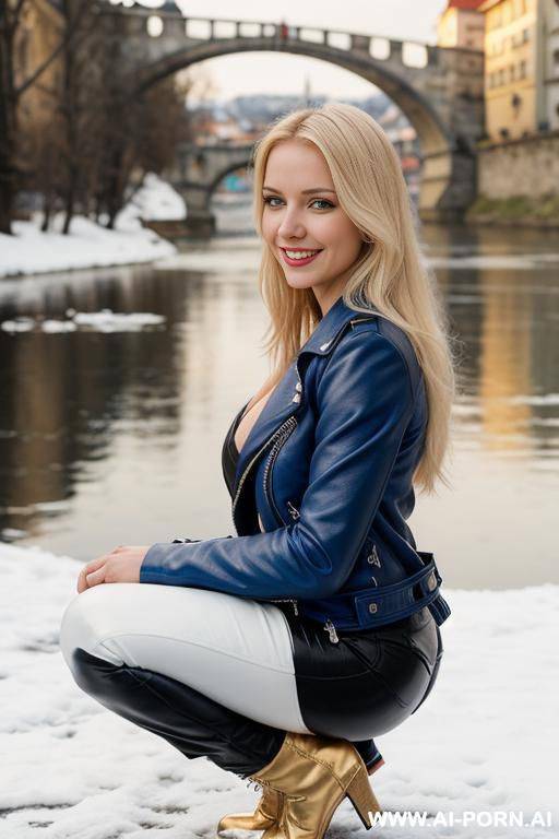 beautiful woman, czech, blonde, medium hight, mid 20s, long hair, natural boobs, natural big ass, old czech city and river in background, blue leather jacket, white leather pants, snow on ground - #main