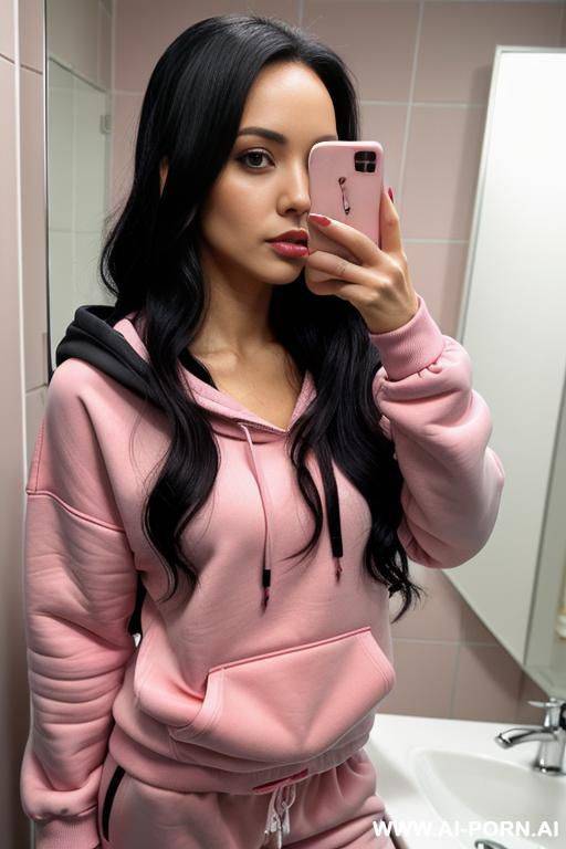 woman long hair pink tracksuits short sweatshirt with a hood pink selfie photo in the mirror bathroom - #main