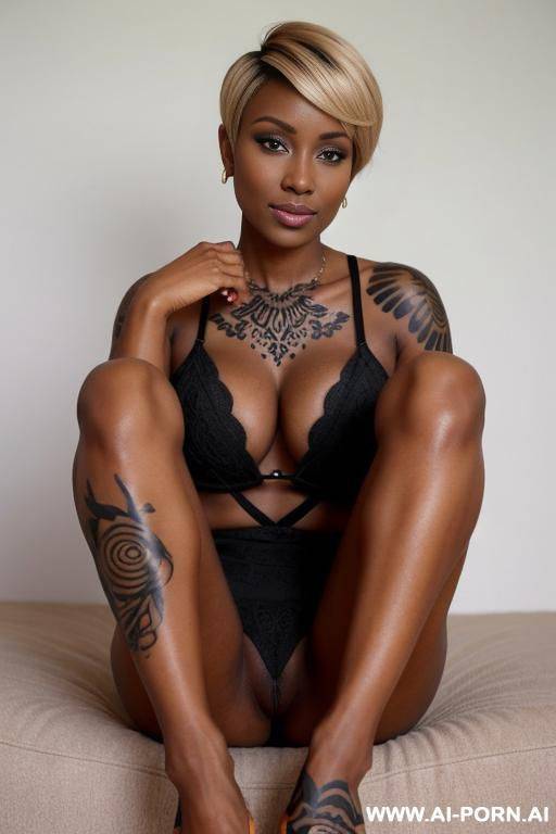 ebony milf with blond pixie hair covered in tattoos showing off her pretty feet - #main