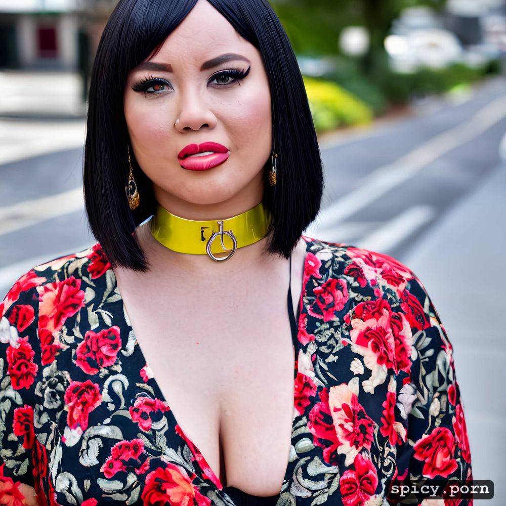 pretty, high quality tattooed, white, alternative looking and muscular woman with a black bob haircut and a choker she is embarrassed and exposed on the street she is wearing revealing clothes full body shot - #main