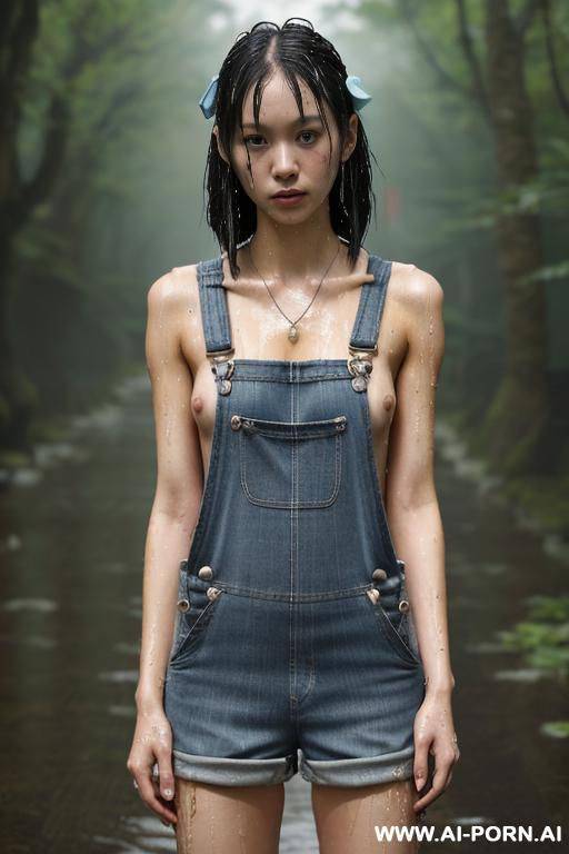 ((scared wet japan woman), ((naked)), ((ripped overalls)), ((wet hair)), (hair ribbon), ((looking at the camera)), ((eyes contact)), full body view, (pussy visible), (hairy pussy), (boobs visible), ((no - #main