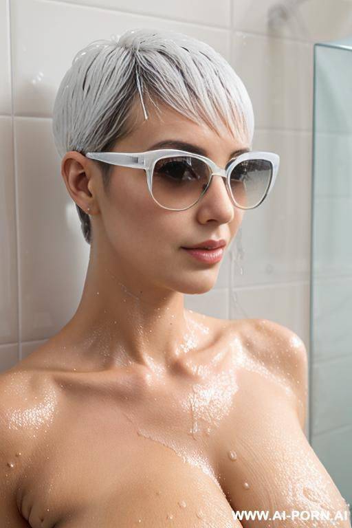 on the shower mommy beauty face italian headshot sexy posture rests her head on the wall and the shower head rest wets your oversized tits against glass, wet pixie haircut, muscle fit , wet deep microbikini transparent white sunglasses vintage ,wet skin - #main