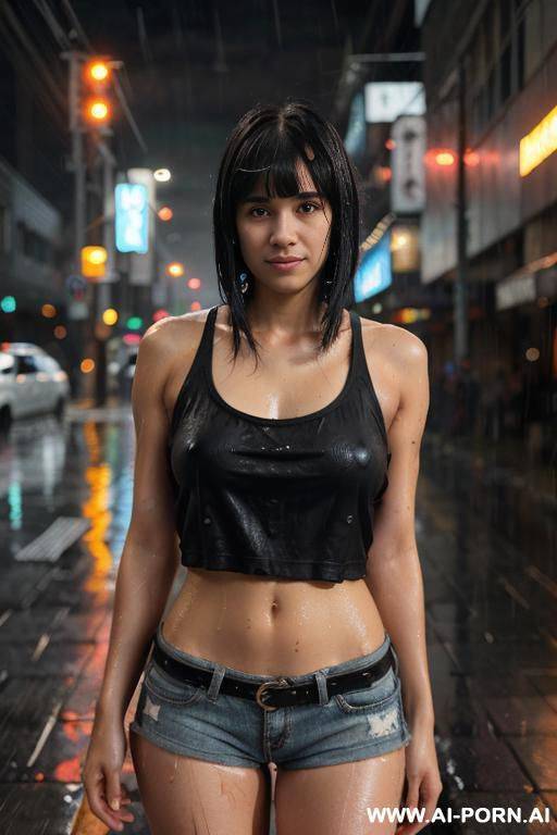 cyberpunk city, (rain), (wet), topless, medium hair, short shorts, tank top - #main