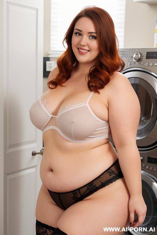 half body photo shot, in the laundry room, washing their clothes, very chubby fat bbw, very thick, with some lovehandless and big tummy, wearing a sexy and hot lace stocking lingeries, she is the most beautiful mom - #main