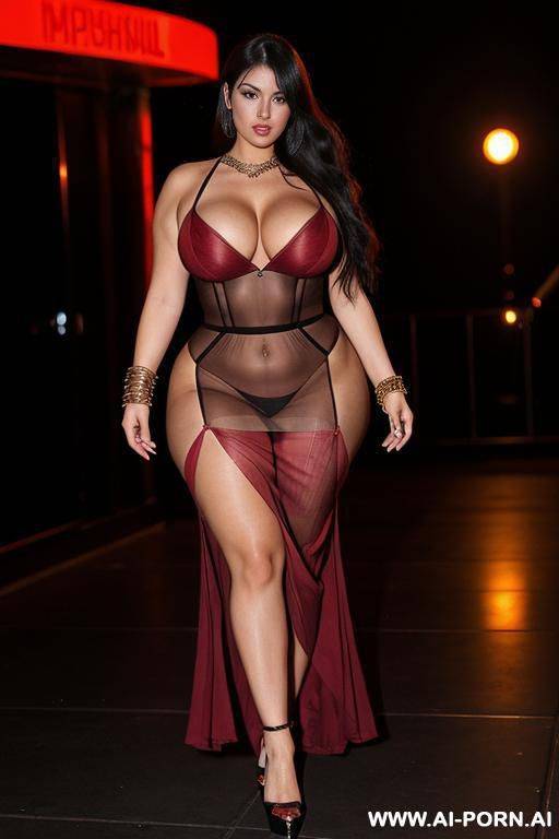 voluptuous woman walking in the night club, transparent red silk dress, long skirt, smoke in the club, hip chain, (( spiral bracelet)), super giant boobs, - #main