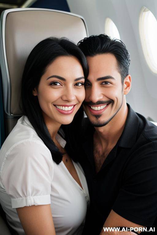 a man in a plane smiling for the camera, smile, shirt, black hair, teeth, grin, facial hair, watch, wristwatch, masterbation - #main