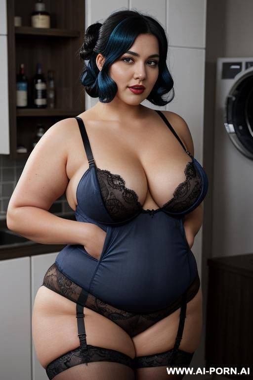 half body photo shot, in the laundry room, washing their clothes, very chubby fat bbw, very thick and very fat, with lovehandless and big tummy, wearing a sexy and hot gray garter belt lingeries, she is the most beautiful mom - #main